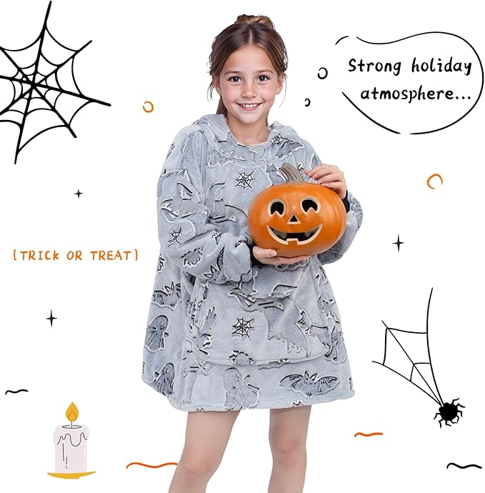 REXEO Halloween Blanket Hoodie Gifts for Kids - Wearable Blankets for Toddler 6-10 Year Old, Halloween Birthday Gifts Decorations, Flannel Hooded Blanket with Larger Pocket for Boys Girls