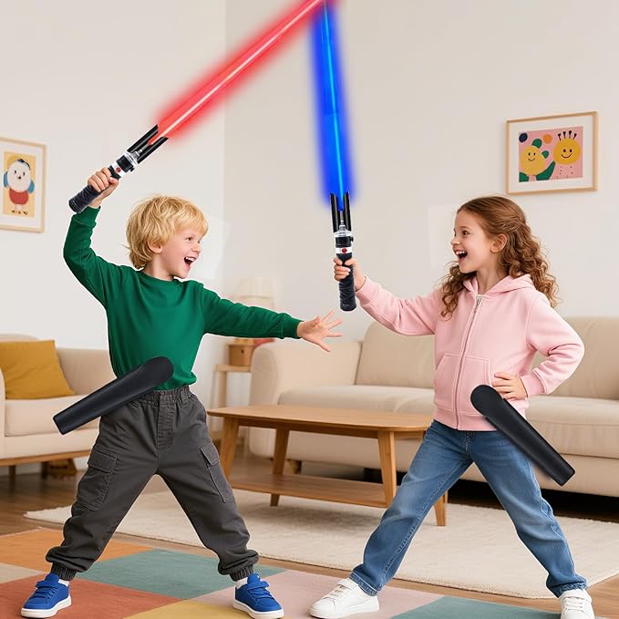 Light Saber Swords for Kids, 2-in-1 Dual Light Up Sabers with FX Sound, Expandable Light Sword with Belt Clip for Galaxy War Fighter Warriors, Halloween Costume Parties