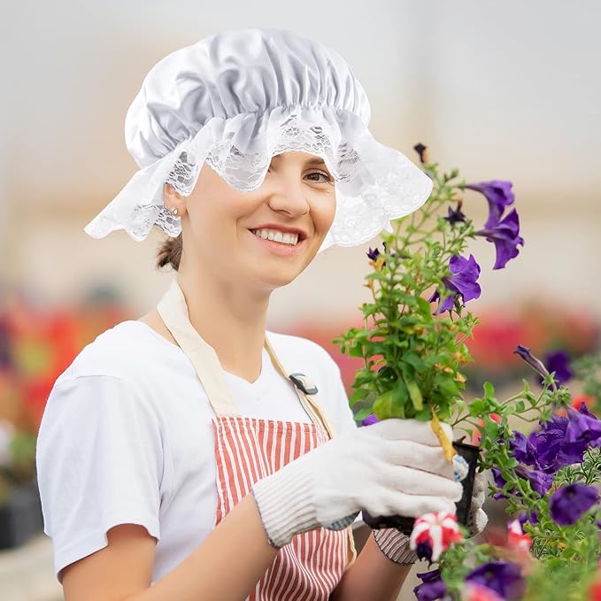 White Mob Cap Costume Pioneer Bonnet Women's Colonial Bonnet Lace Frilly Grandma Night Hat Accessories