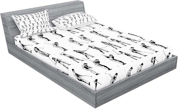 Ambesonne Golf Fitted Sheet & Pillow Sham Set, Golf Swing Shown in 14 Stages Sports Hobby Themed Sketch Art Storyboard Print, Decorative Printed 3 Piece Bedding Decor Set, King, White Charcoal