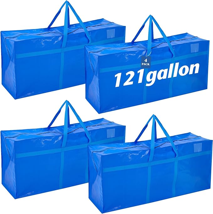 Windyun 4 Pack 121 Gallon Extra Large Storage Bags XXL Moving Bags with Zipper Handles Heavy Duty Jumbo Big Totes Box for Halloween Skeleton 4-12 Feet Christmas Tree Storage College Dorm Cloth (Blue)