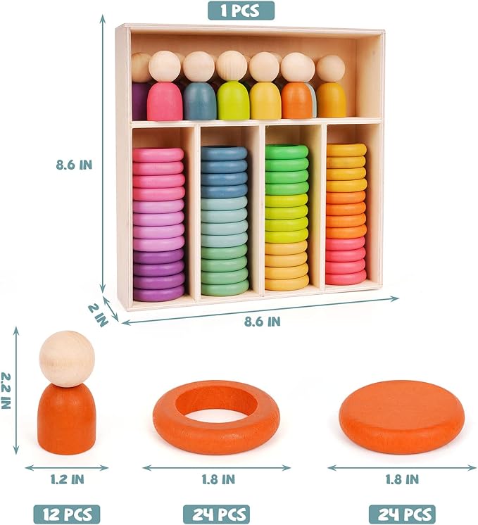 Montessori Toys Wooden Color Sorting Stacking Rings Toy Rainbow Wooden Peg Dolls Counting Toys Circular Building Blocks Stacking Game Preschool Learning Education Fine Motor Skill Toys for Toddlers