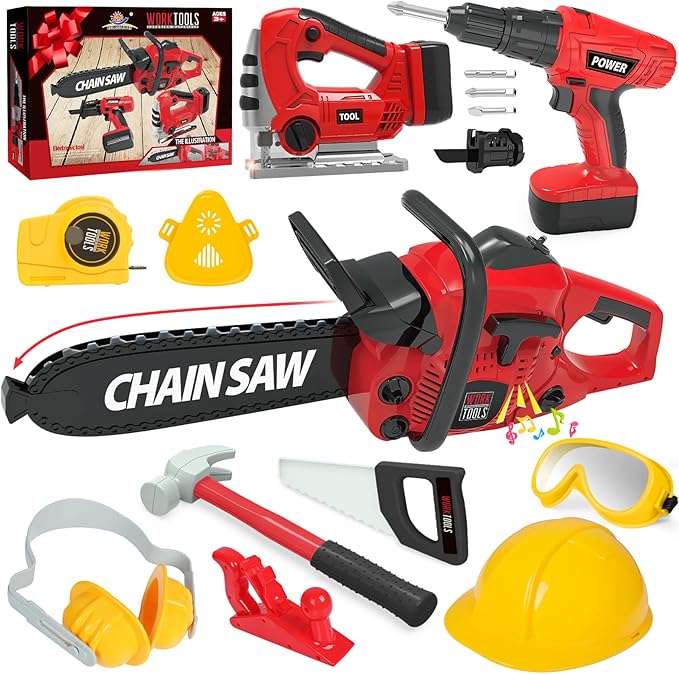 WishaLife Kids Tool Set - Toddler Tool Set with Toy Chainsaw, Drill, Pretend Play Construction Tools Toy Gift for Boys, Girls Age 3 4 5 6 7