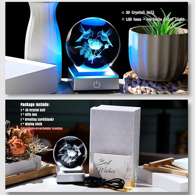 3D Hummingbird Gifts for Women, Mom - Humming Bird and Rose Crystal Ball 3.15in with Multicolor LED Light Base Collectible Figurine Home Decor