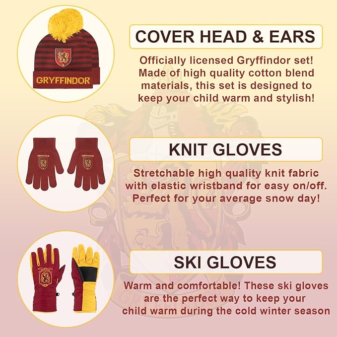 Harry Potter Winter Hat and Gloves with Set, Gryffindor, Slytherin, Hufflepuff, Ravenclaw, Winter Set 5-13 Year Olds