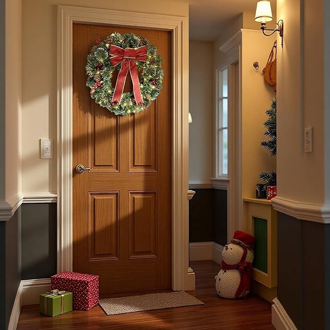 Christmas Wreath Front Door Wreath - 24 Inch Pre-Lit Outdoor Wreaths for Front Door Battery Operated 55 White Lights Bulbs Christmas Decoration Wall Wreath Outside DiliComing