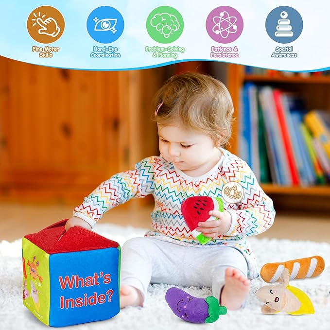 Baby Mystery Soft Box Toys, Plush Felt Box with 12 Toys, Sound Learning Set, What's Inside Montessori Cognitive Play for Toddlers 6 Months+, Birthday Gifts for Boys Girls
