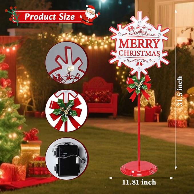 Merry Christmas Sign with LED Light Battery Operated with Timer Christmas Signs with Base Xmas Holiday Decorations Patio Lawn Yard Outdoor Display Decor