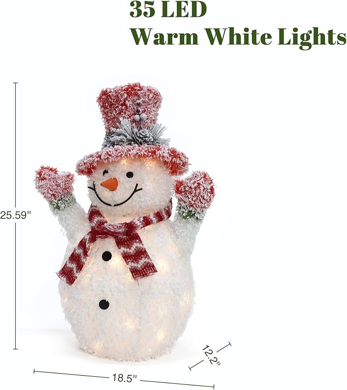 LuxenHome 2FT Lighted Snowman Outdoor Christmas Decorations, Battery Operated Frosted Snowman Christmas Decor with 35 LED Light, Xmas Decorations Outdoor, Indoor for Porch, Lawn Holiday Display