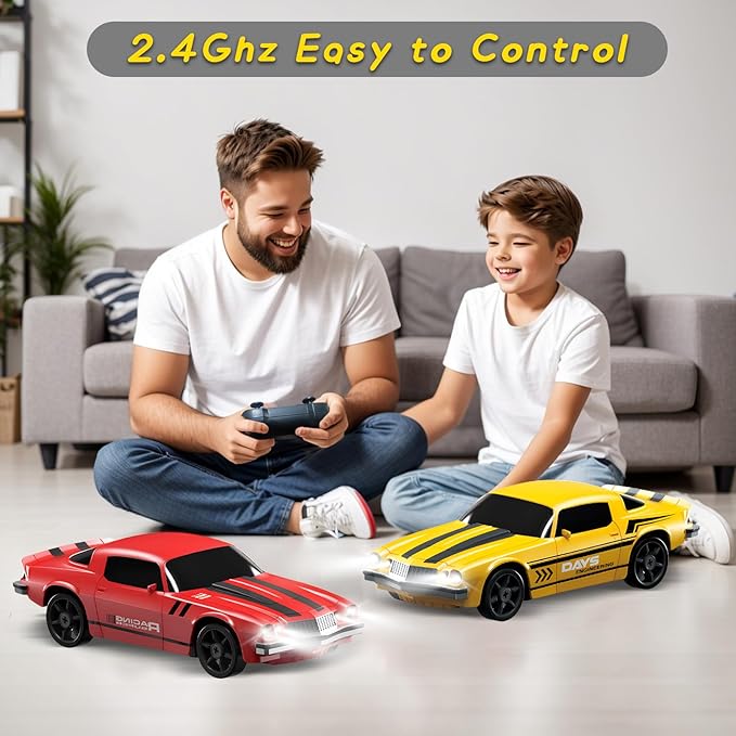 1/24 2.4GHz 4WD Remote Control Drift Car for Boys Girls - Mini RC Car With Light, Rechargeable Battery, and Drift Tires - Yellow Birthday and Xmas Toy for Kids