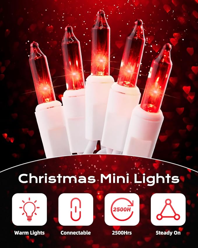 Brightown Red Mini String Lights, 100-Count 26.5ft Incandescent Bulb Valentine's Day Fairy Lights for Indoor Holiday Decoration, Christmas Tree Garland Wedding Party Multi-Use, White Wire