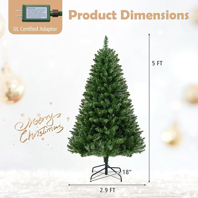 Goplus 5 FT Pre-Lit Artificial Christmas Tree, Hinged Xmas Tree with 510 Branch Tips, 400 Warm White LED Lights, 7 Lighting Modes & Folding Metal Stand, Seasonal Decoration Tree for Home Party Holiday