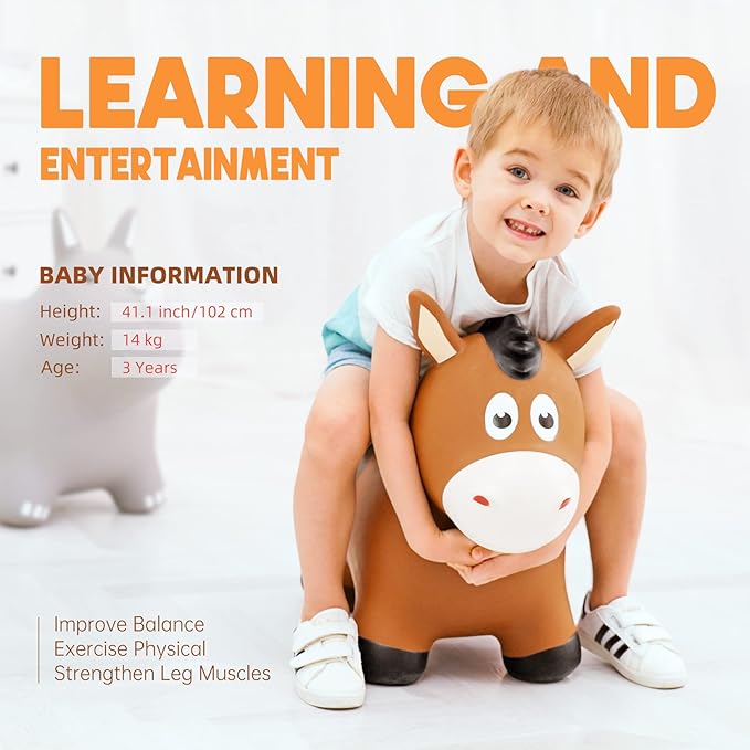 ZOOJOY Bouncy Horse Hopping Toys, Inflatable Animal Horse Toys for Toddlers 1-3, Outdoor Indoor Bounce and Ride On Bouncer for Boys Girls, Birthday Gifts for 18 Months 2 3 4 5 6 Year Old with Pump