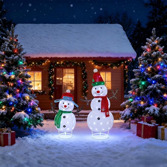 Hausse Set of 2 Lighted Christmas Snowman Decorations, 3.6+2.6FT Outdoor Pre-Lit White Snowmen with Lights, Light Up Collapsible Xmas Yard Display, Plug in for Holiday New Year Winter Garden Yard