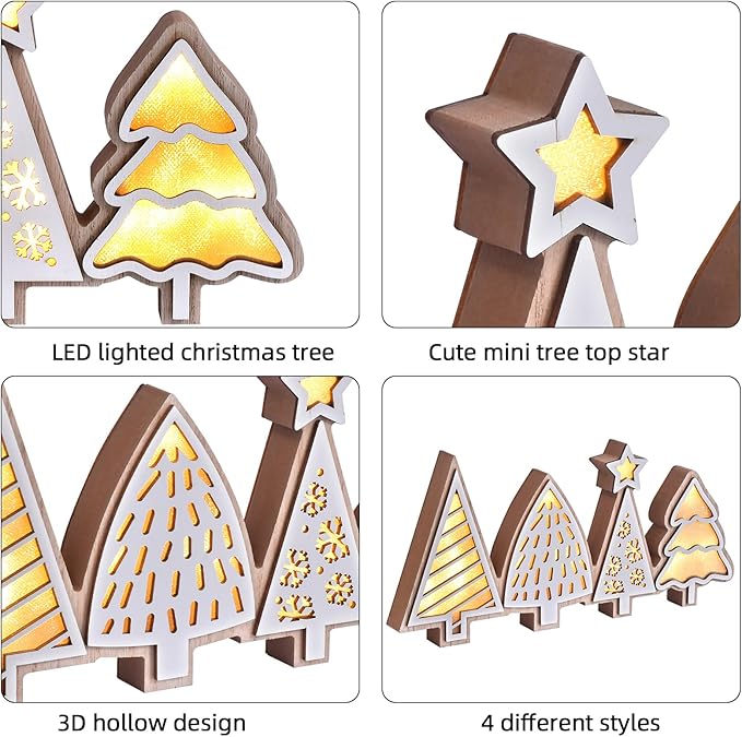 Christmas Tabletop Decorations, Lighted Wooden Christmas Tree Table Decor, Indoor Xmas Tree Block Sign with LED Lights, Farmhouse Winter Holiday Centerpiece for Mantel Shelf (White)