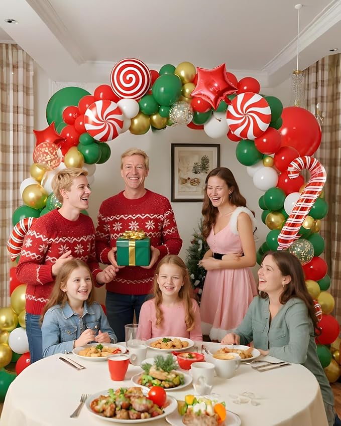 NeoVita Christmas Balloons Garland Arch Kit, 133PCS Red Green White Xmas Balloons Different Sizes 18 12 5 Inch with Candy,Cane,Star Foil Balloons for Christmas Party Decorations Indoor