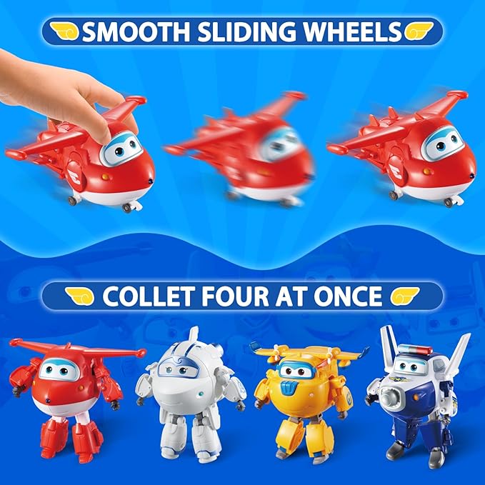Super Wings 5" Transformable 4-Pack Action Figure Tobot, Transforming Airplane Robot Toys, Educational Toys for Boys & Girls Age 3+, Gifts for Preschool Kids, Jett, Paul, Donnie, Astra