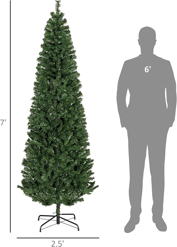 HOMCOM 7ft Pencil Christmas Tree, Unlit Artificial Christmas Tree Slim Douglas Fir Xmas Tree with Realistic Branches, Halloween Tree with 818 Tips, Green