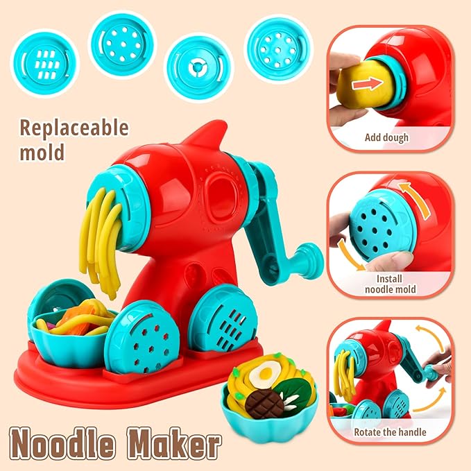 4 in 1 Dough Sets 75 PCS for Kids Ages 4-8, Dough Tools Kit with Ice Cream Noodle Hamburger Maker Machine, Dessert Rack, Kitchen Creations Art Crafts Food Play Toys for Boys Girls Ages 3+