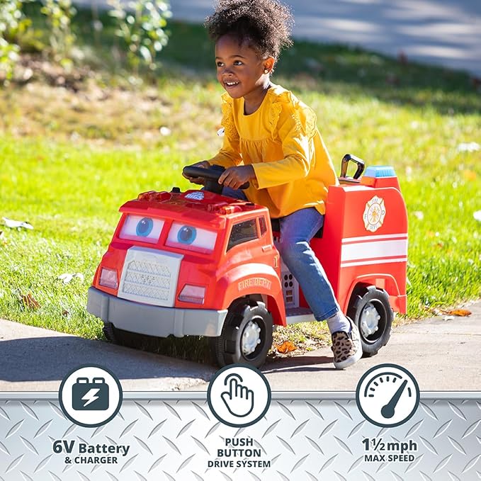 Kid Trax Real Rigs Toddler Fire Truck Interactive Ride On Toy, Kids Ages 1.5-4 Years, 6 Volt Battery and Charger, Sound Effects, Red, Large