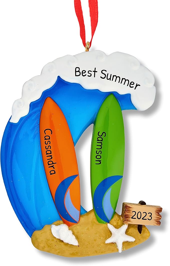 Ornaments by Elves - Personalized Surf Family Two Surfboards Christmas Ornaments 2025 - Beach Kids Decorations Paddle Board - Surfer Surfing Hawaiian Theme - Customized Giftable Packaging