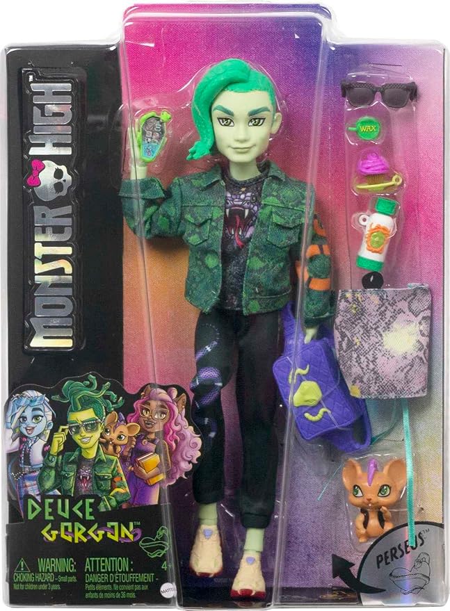 Monster High Deuce Gorgon Doll in Signature Look with Denim Snake Jacket & Accessories, Pet Mouse Perseus