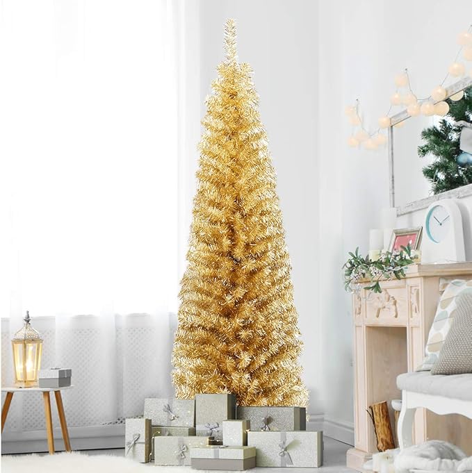 HAPPYGRILL 6 Feet Champagne Pencil Christmas Tree Artificial Slim Christmas Tree Skinny Xmas Tree with Metal Stand, Realistic Unlit Pine Tree with 520 Branch Tips for Indoor Outdoor
