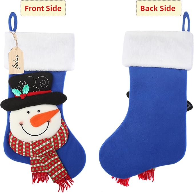 Christmas Stocking,21 inch Christmas Stockings with Wood Name Tag,3D Snowman Christmas Stocking,for Family Holidays and Christmas Tree Fireplace Decoration(Blue)