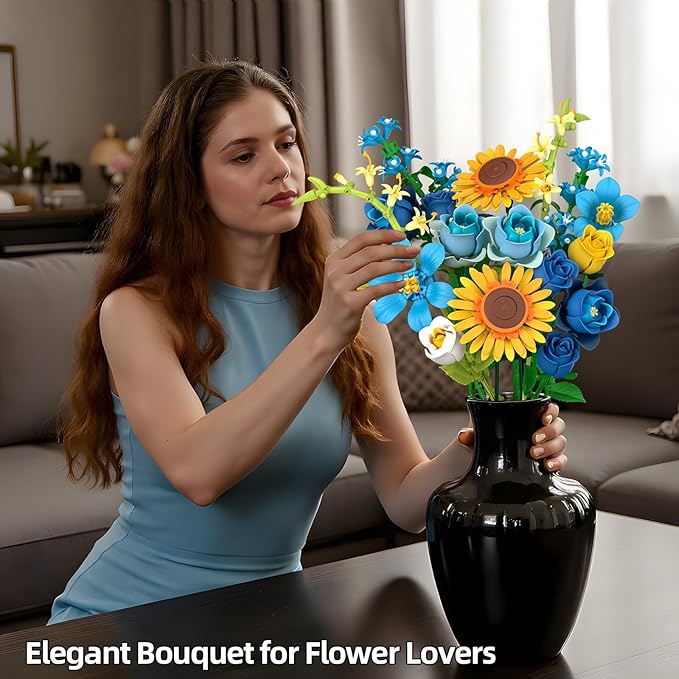 Blue Rose Sunflowers Bouquet Building Set - Compatible with Lego Flowers for Adults Women, Van Gogh's Starry Night and Sunflowers Style, Collection Christmas Mother's Day Valentine's Gifts Home Decor