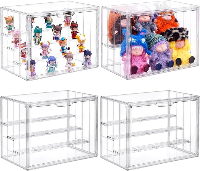 4 Tier Acrylic Display Case for Collectibles, Clear Adjustable Figure Display Case with Magnetic Door, Stackable Storage Box Showcase with 3 Shelves for Action Figures,Dolls,Toys, Large 4 Pack
