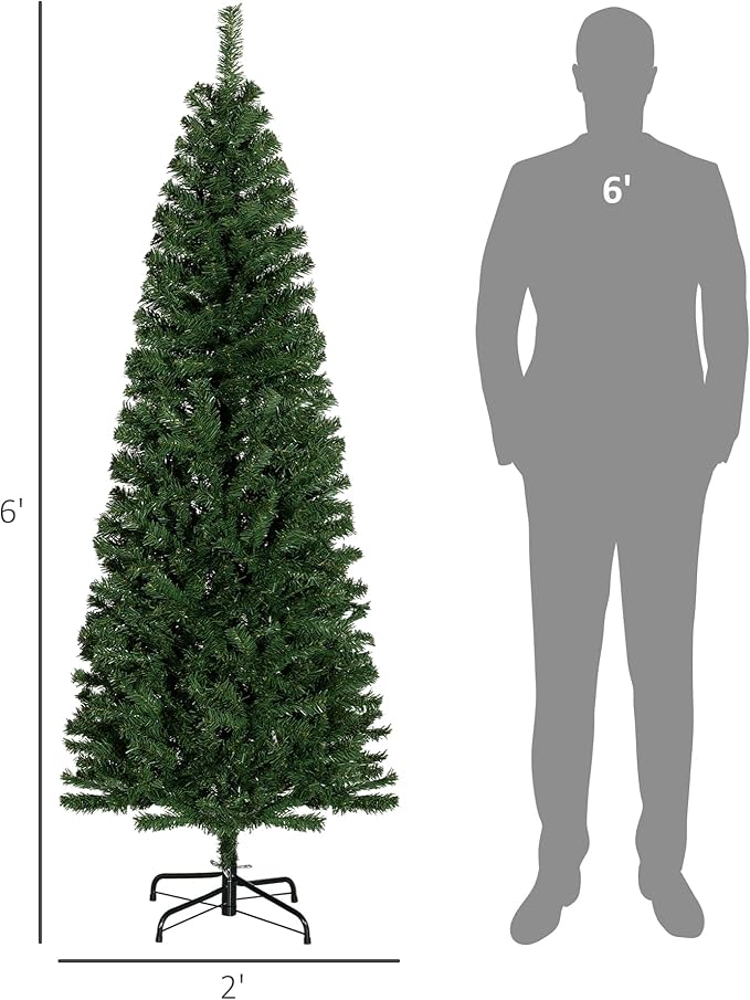 HOMCOM 6ft Pencil Christmas Tree, Unlit Artificial Christmas Tree Slim Douglas Fir Xmas Tree with Realistic Branches, Halloween Tree with 618 Tips, Green