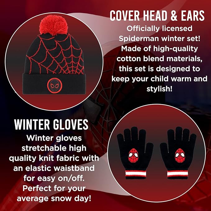 Marvel Spider-Man Kid’s Winter Hat and Snow Gloves for Boys and Toddlers, 2 Pc. Set, Pom-Pom Beanie with Warm Mittens