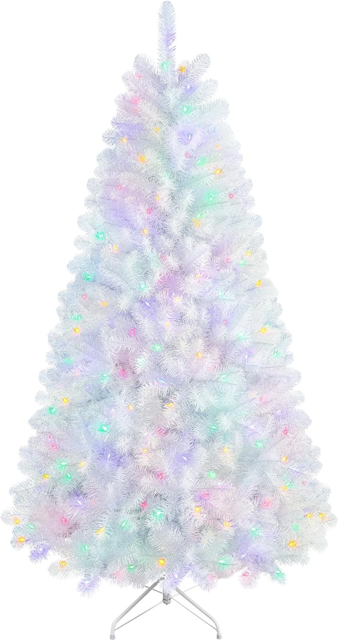 SHareconn 7ft Prelit Premium Artificial Classic Spruce Christmas Tree, 320 Warm White & Color LED Changing Lights, 1076 Branch Tips, Perfect Choice for Xmas Decoration,7 FT, White