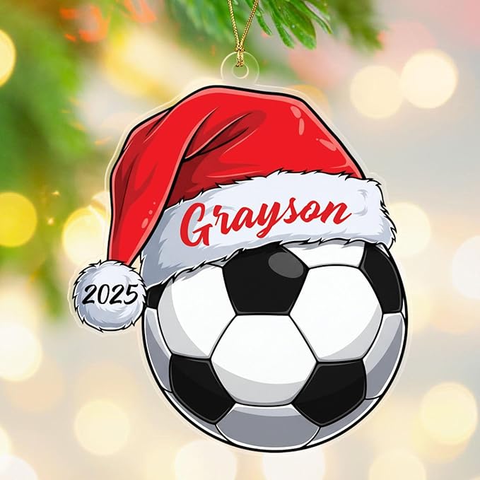 Personalized Soccer Santa Hat Shaped Christmas Ornament 2025, Unique Sport Christmas Tree Ornament Gift for Sport Lovers Player Team Coach, Customized Year& Name Soccer Fans Keepsake Xmas Ornaments