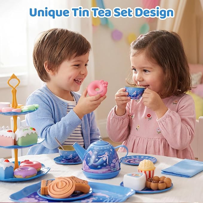 Tea Party Set for Little Girls, 49PCS Princess Tea Time Toys Including Teaset Dessert Carrying Case, Kids Pretend Play Kitchen Toys, Toddler Girl Birthday Gifts for 3-8 Year Old, Sea