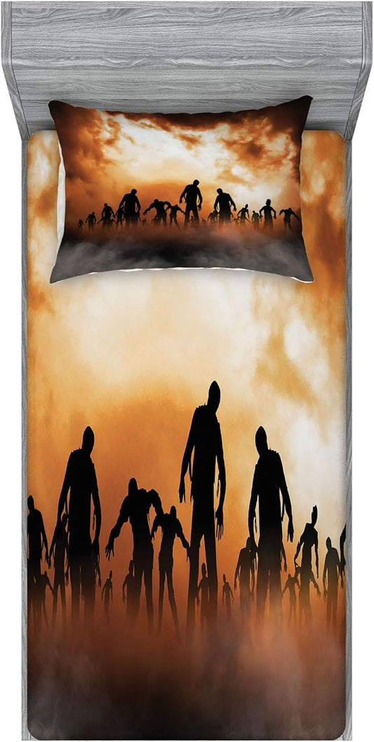 Ambesonne Halloween Fitted Sheet & Pillow Sham Set, Zombies Dead Men Walking Body in The Doom Mist at Night Sky Haunted, Decorative Printed 2 Piece Bedding Decor Set, Twin, Orange and Black