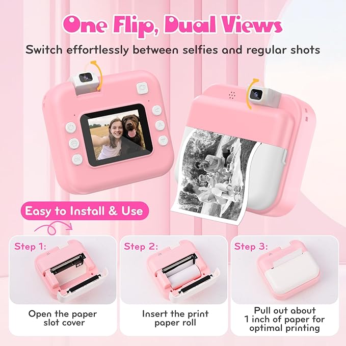 Kids Camera Instant Print with Flip Lens, Christmas Birthday Gift for Girls Boys, Digital Camera HD Video Instant Print Photos for Toddlers, Portable Travel Toys for 4 5 6 7 8 9 10 Year Old Pink