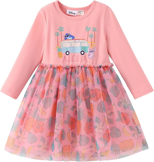 Disney Frozen Elsa Princess Cinderella Ariel Jasmine Rapunzel Baby/Toddler Dress, Ruffle Long-Sleeve Mesh Overlay Tulle Dress