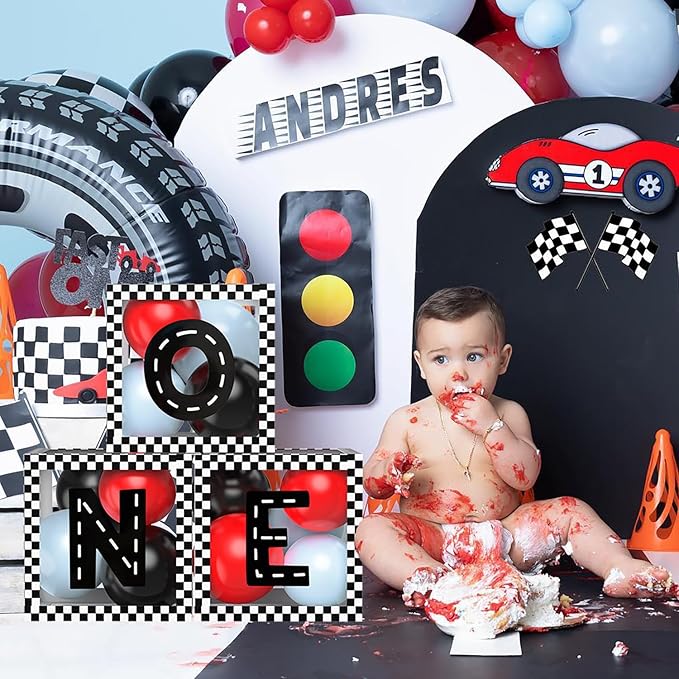 Fast ONE Birthday Decorations for Boys, Race Car Letters Boxes with Balloons, ONE Blocks for First lap around the track Formula one Theme 1st Birthday Photoshoot Props