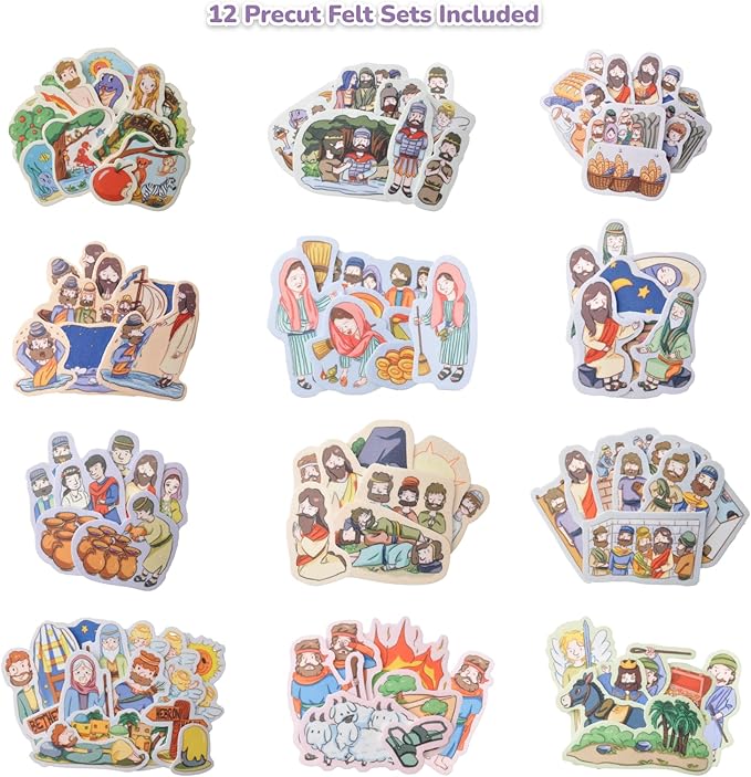 CHEFAN 12 Pack Felt Board Bible Stories Pieces，Flannel Board Stories for Preschool Activities Included a Felt Bag