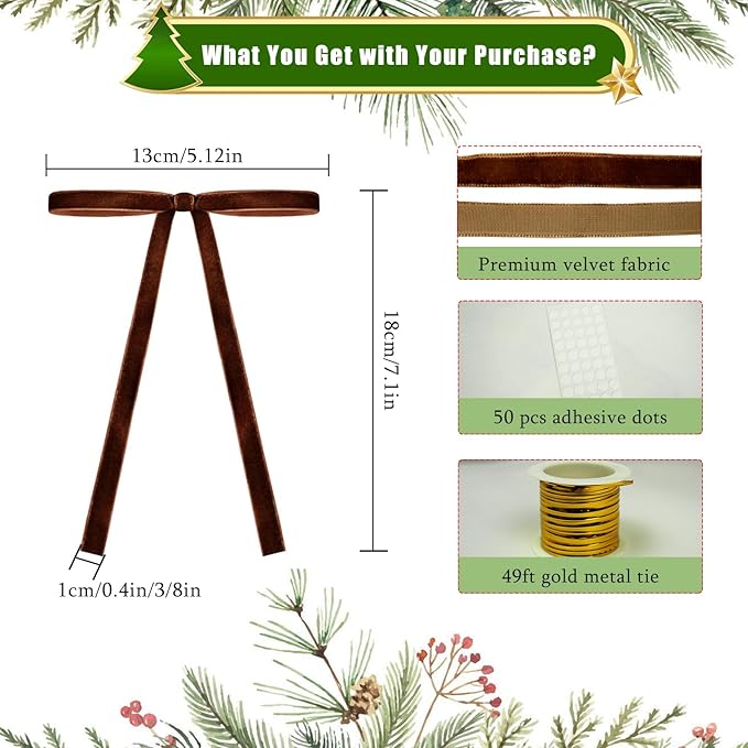 24Pcs Velvet Ribbon 5 x 7 Inch Christmas Ribbon 3/8 Inch Wide Christmas Bows Vintage Velvet Bows for Christmas Tree Brown Bows for Christmas Tree Decorations