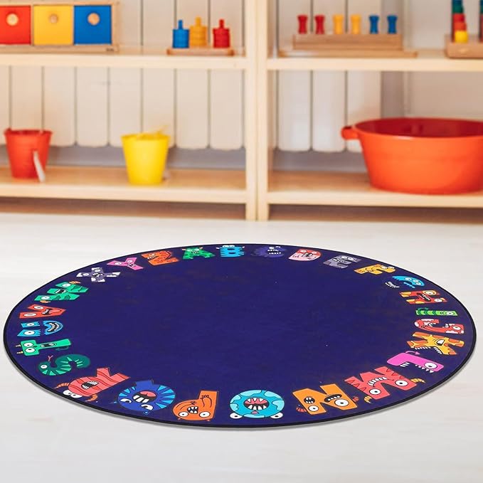 ABC Alphabet Rug for Kids, Classroom Playmat 6ft Non-Slip Circle Rugs for playroom, Round Area Rug for Elementary Classroom, Play Carpet for Boys Girls Bedrooms Playroom,Nursery RugsBlue