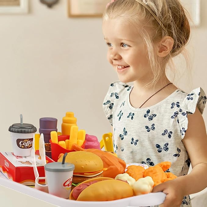 80 Pcs Pretend Play Food Toy for Kids Kitchen Aged 3 4 5, Fast Food Set with Storage Bucket, Pizza, Burger, Ice Cream, Hot Dog, Educational Birthday Toy Gift for Boys Girls