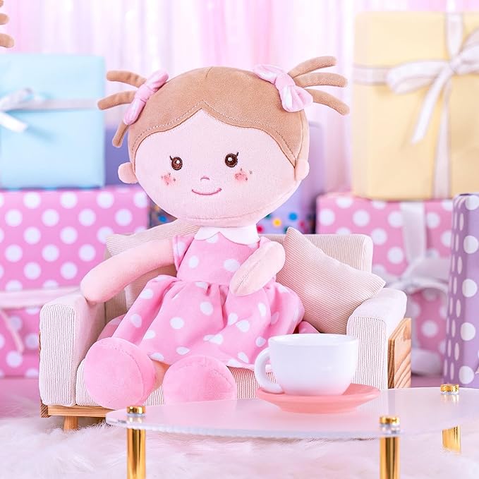 Onetoo Plush Rag Doll Sleeping Cuddle Buddy Doll Soft Baby Doll for Girls First Baby Doll Wear Pink Skirt Dress 14"（Milly Series）