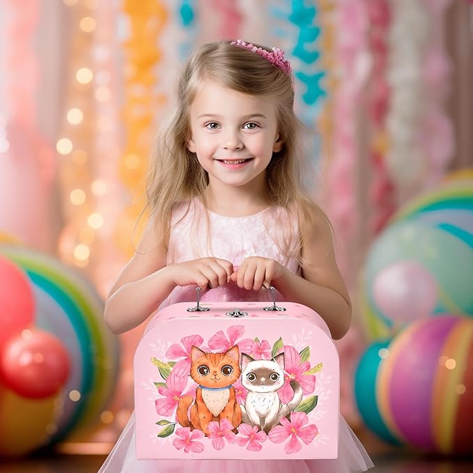 Cat Tea Party Set for Little Girls - Pretend Play Toy, Birthday Gift for Toddlers Ages 3 4 5 6 Year Old, Includes Kitten Tin Tea Set, Desserts, and Carrying Case, Cat Design