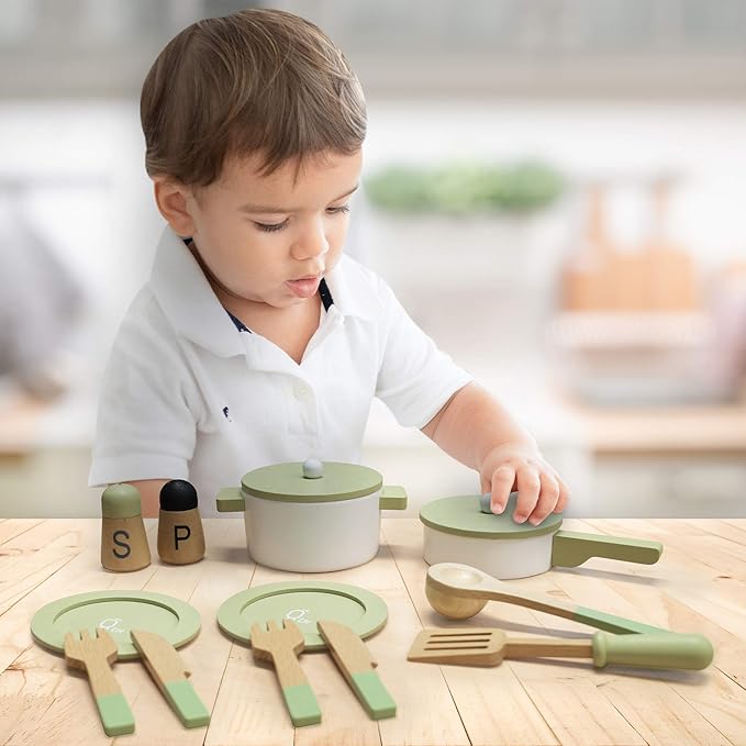 Teamson Kids - Little Chef Frankfurt Wooden Cookware Play Kitchen Accessories for Toddler Boys and Girls, Cookware Set Includes Utensils, Pots, Pans, Plates