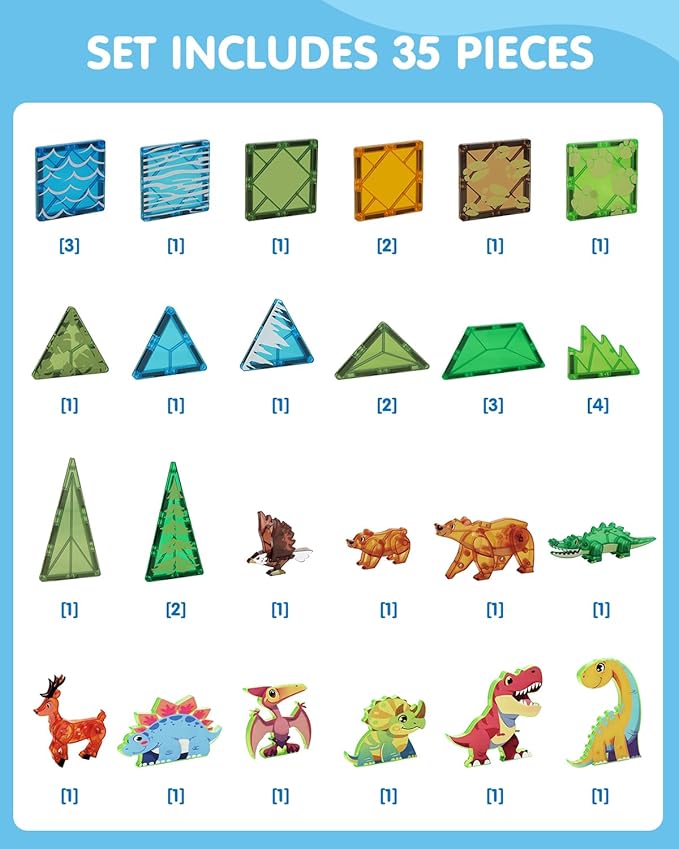 Magnetic Tiles Animals & Dinosaurs Toys, STEM Educational Building Blocks, Sensory Set 35 PCS for Toddlers Kids Ages 3-5 5-7, Boys Girls Birthday Gift Age 3+