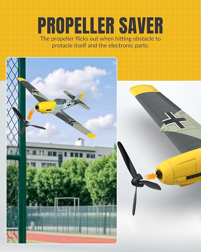 VOLANTEXRC RC Plane, 4 Channel Remote Control Airplane BF109 Fighter RTF with Aileron, Gyro, Aerobatics & 3 Modes Easy to Fly, Hobby Radio Controlled Aircraft for Beginners, Kids & Adults (Yellow)