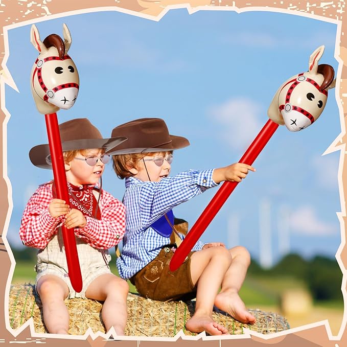 Xtinmee 48 Pcs Kids Cowboy Party Favor with Cowboy Hats Inflatable Stick Horses Bandanas Heart Glasses for Kid Costume(Brown)
