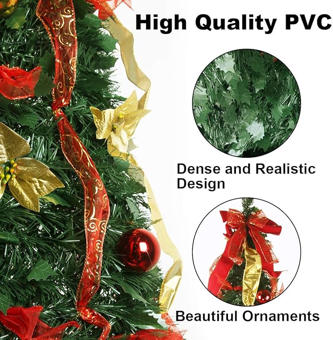 6FT Prelit Pull Up Artificial Christmas Tree with Lights, Decorations, Remote - Red, Gold Ornaments, Bows, Ribbons
